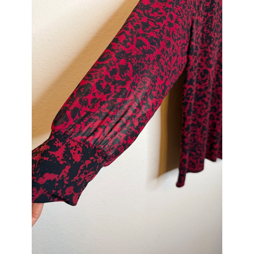 Calvin Klein 1X Red Black Abstract Animal Print V-Neck Smocked Office Blouse Top - Picture 11 of 14